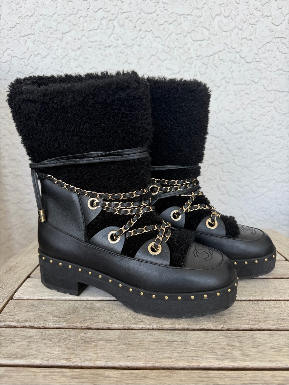 CHANEL Black Shearling Leather Chain-Trim Platform Boots (See box sticker)